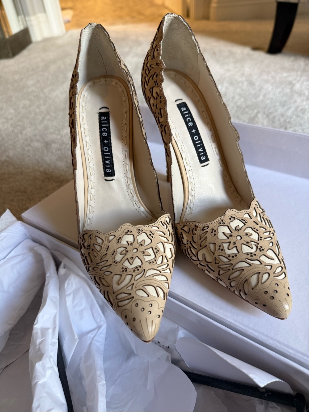 Alice + Olivia Nude Laser-Cut Pointed Toe Pumps